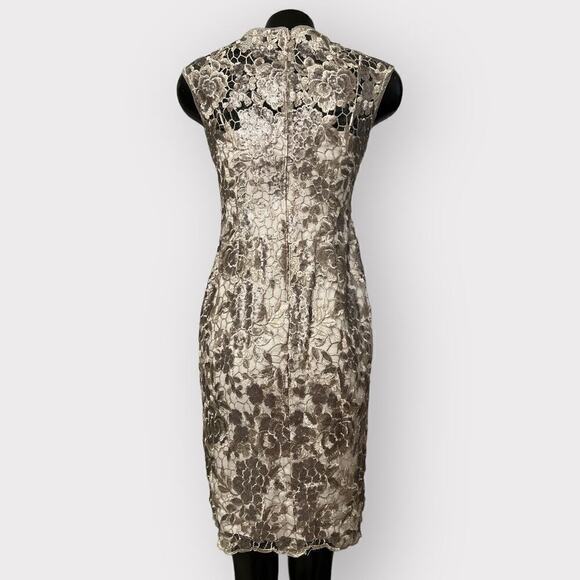 Adrianna Papell Formal Lace Sheath Dress Womens sz 2 Floral Sequin Golden Gown - Picture 8 of 14